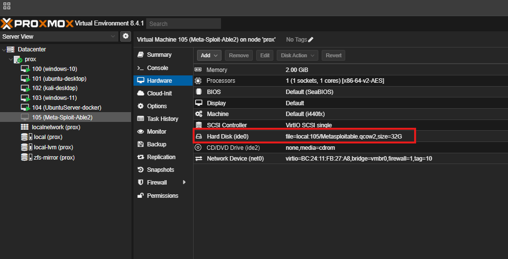 18 AFTER PARROT back to proxmox to confirm insertation of metasploitable vm on created vm MAIN